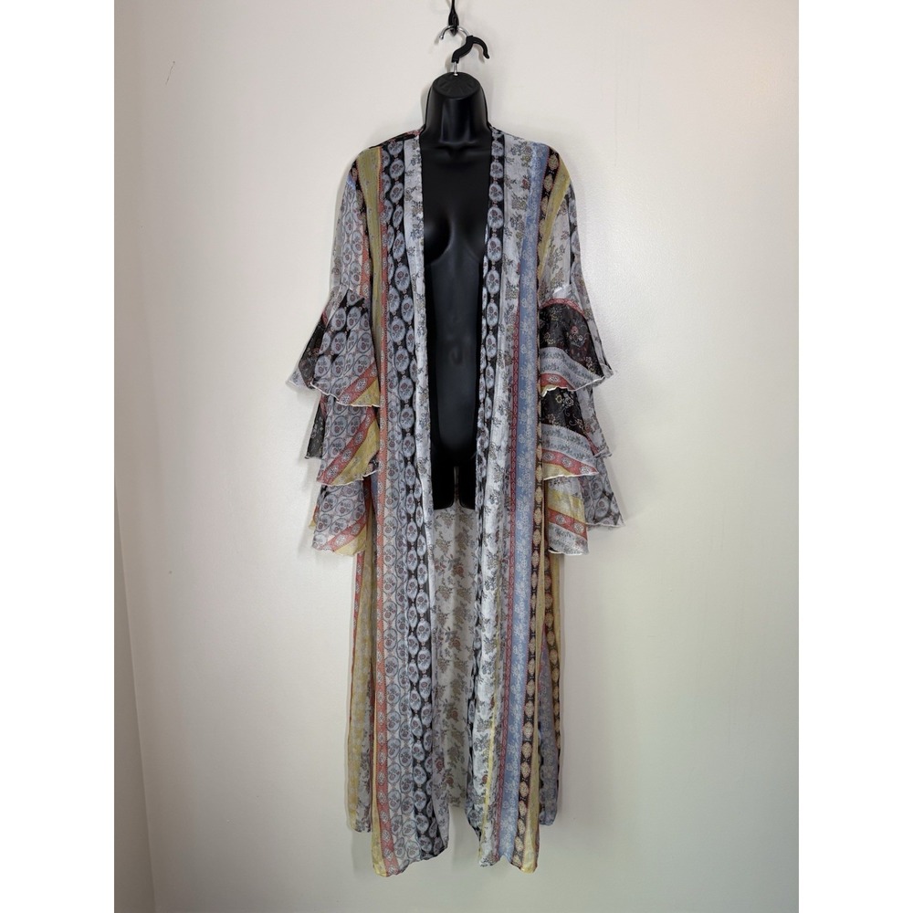 Chlah Women's Kaftan Swim Cover Up Size Yellow Sheer Floral Open Beach Vacation - Picture 2 of 9
